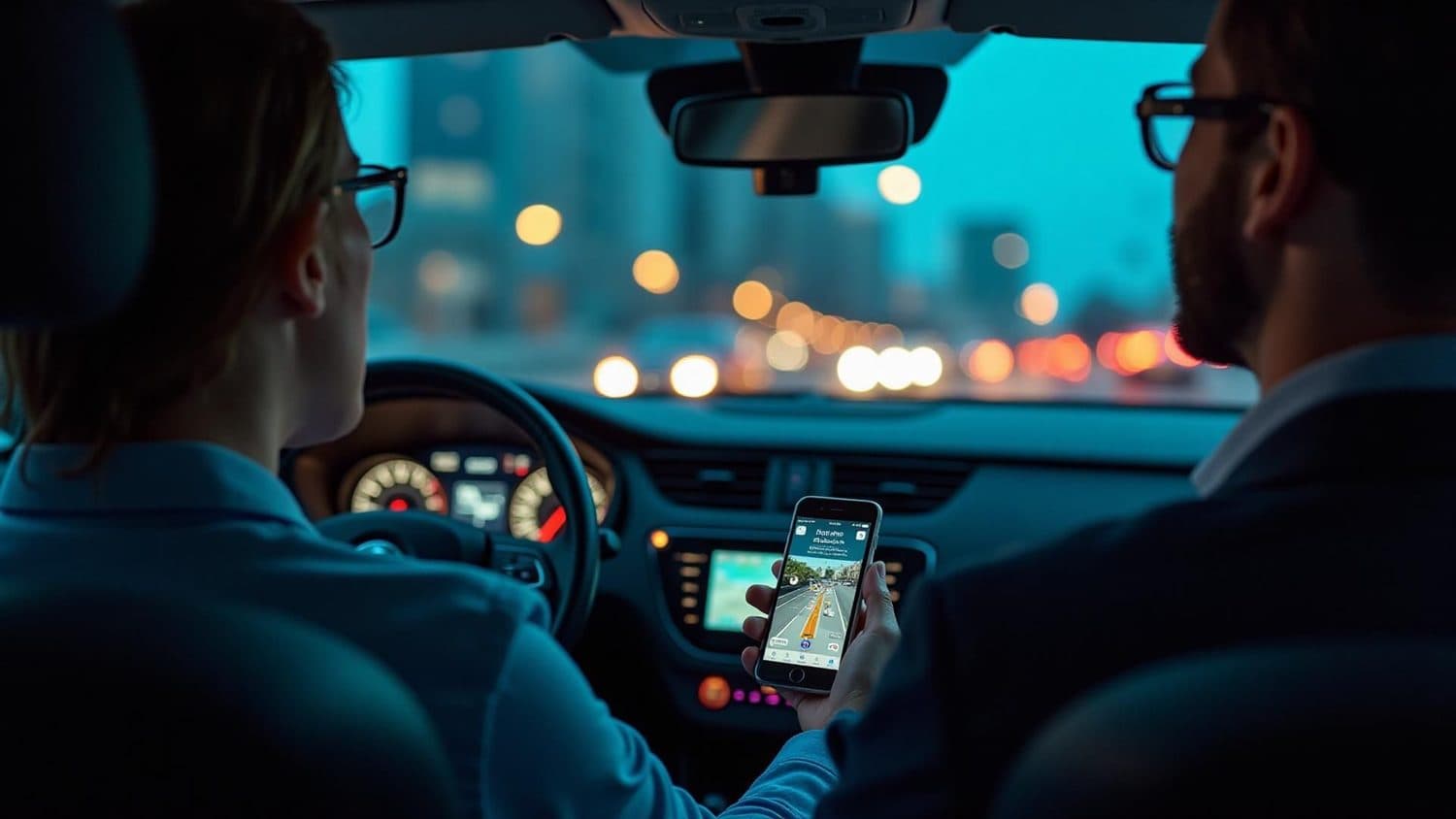 Two people in a car at night, following navigation on a phone